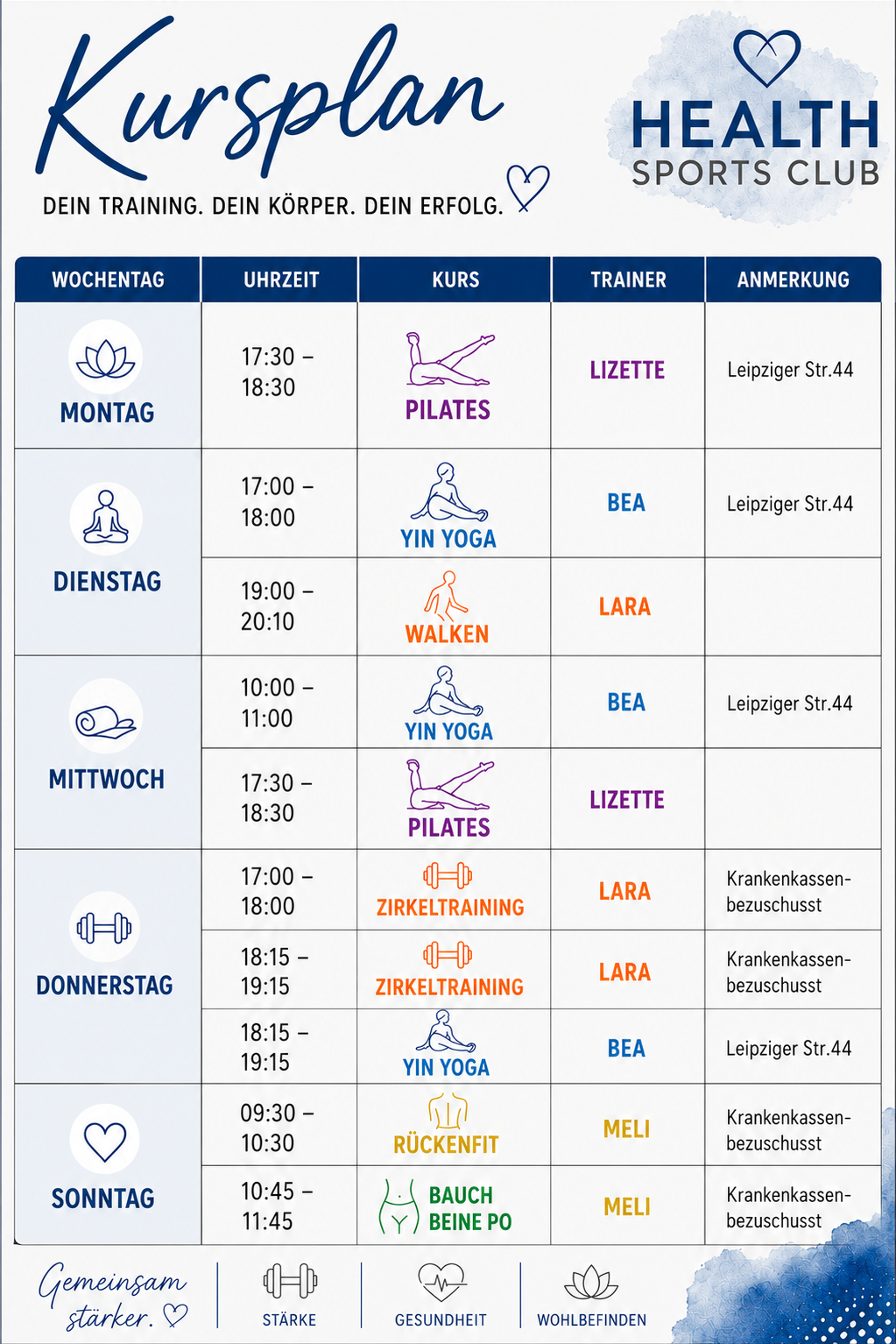 Kursplan mit Pilates, Yoga, Rückentraining, Zirkeltraining Kurse Neckarsulm